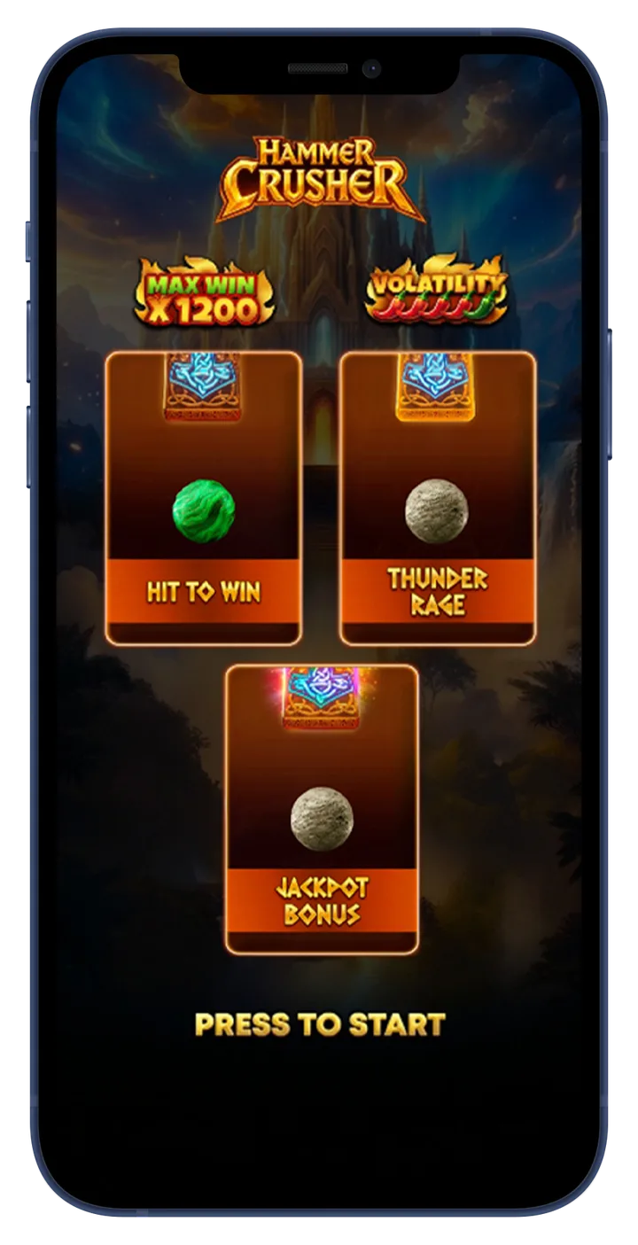 Hammer Crusher mode selection with Hit to Win, Thunder Rage and Jackpot Bonus