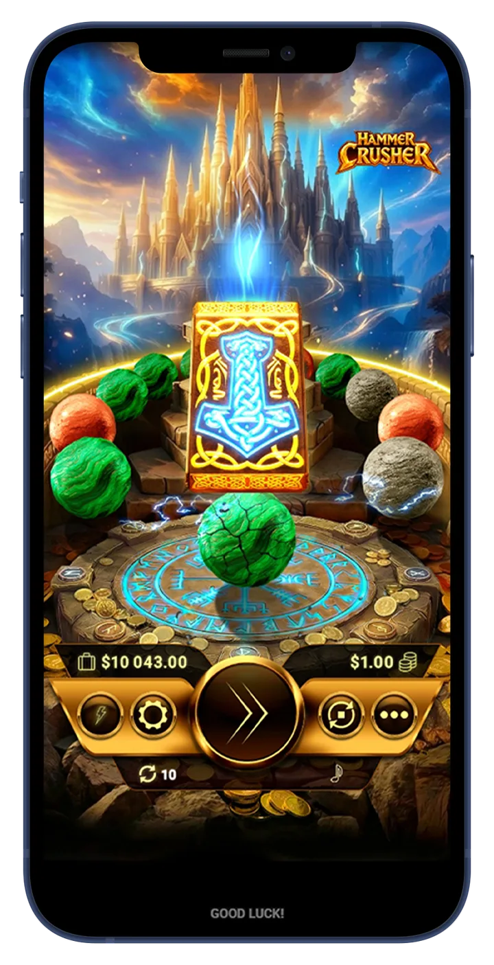 Glowing Mjolnir striking a cracked green marble in Hammer Crusher